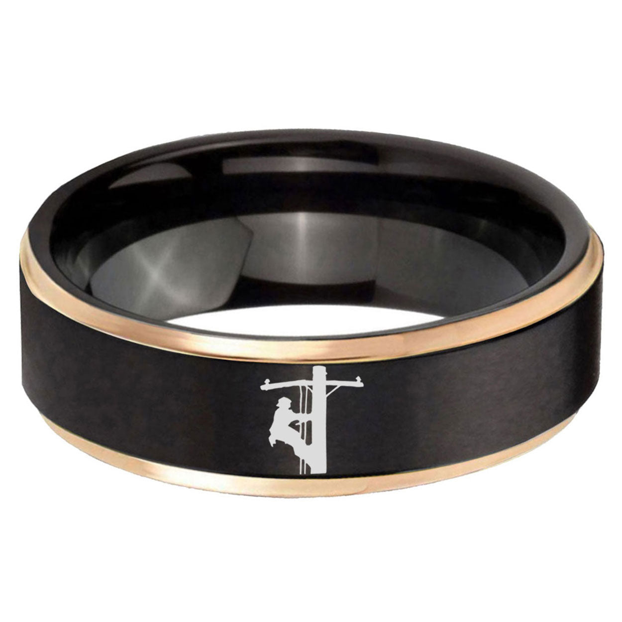 6mm Lineman Symbol Rose Gold Step Edge Black Tungsten Ring