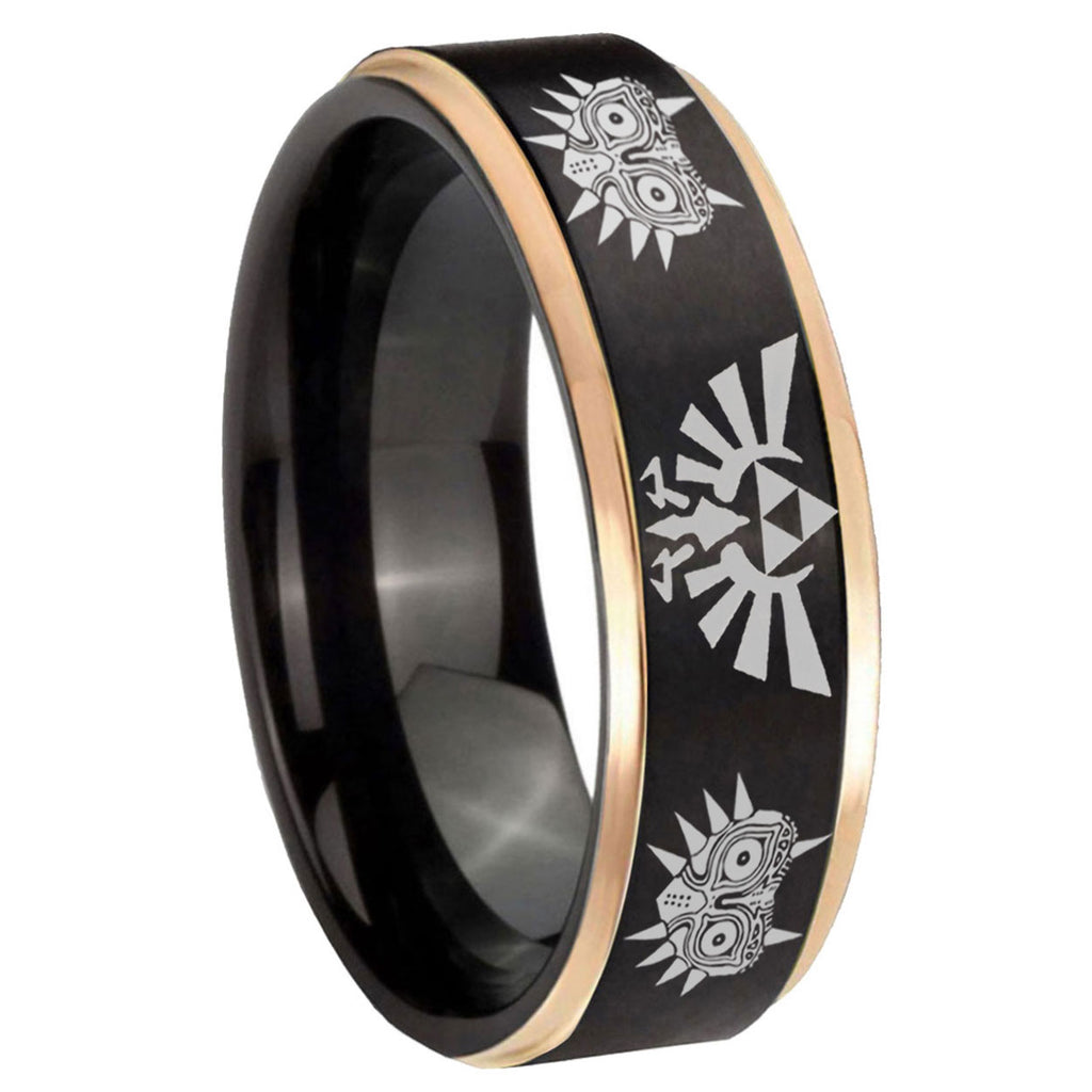 8mm Zelda Majora's Mask Rose Gold Step Edge Black Tungsten Ring