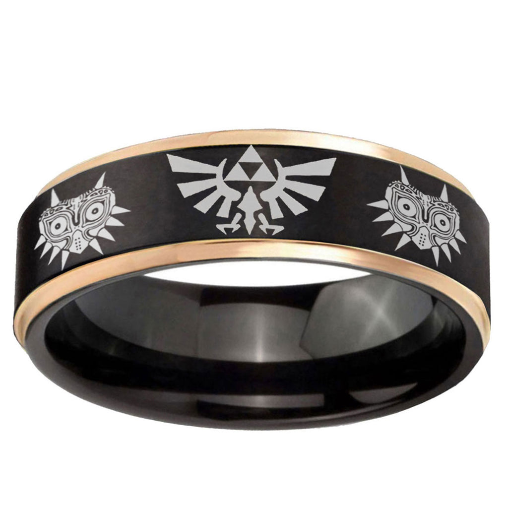 6mm Zelda Majora's Mask Rose Gold Step Edge Black Tungsten Ring