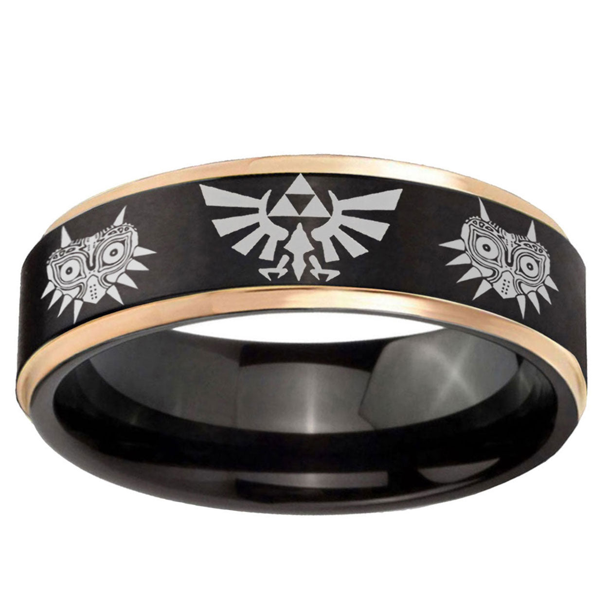 6mm Zelda Majora's Mask Rose Gold Step Edge Black Tungsten Ring