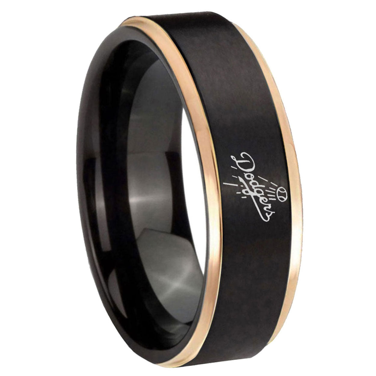 8mm LA Dogers MLB Baseball Rose Gold Step Edge Black Tungsten Ring