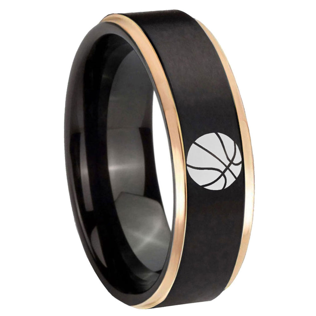 8mm Basketball Rose Gold Step Edge Black Tungsten Ring