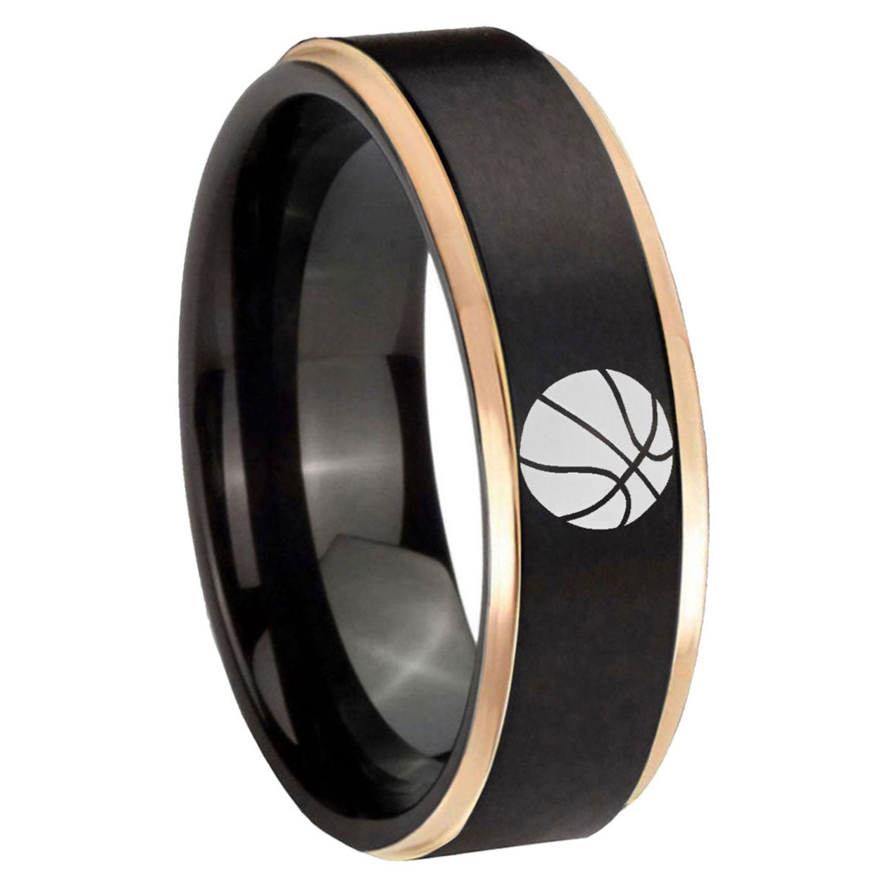 8mm Basketball Rose Gold Step Edge Black Tungsten Ring