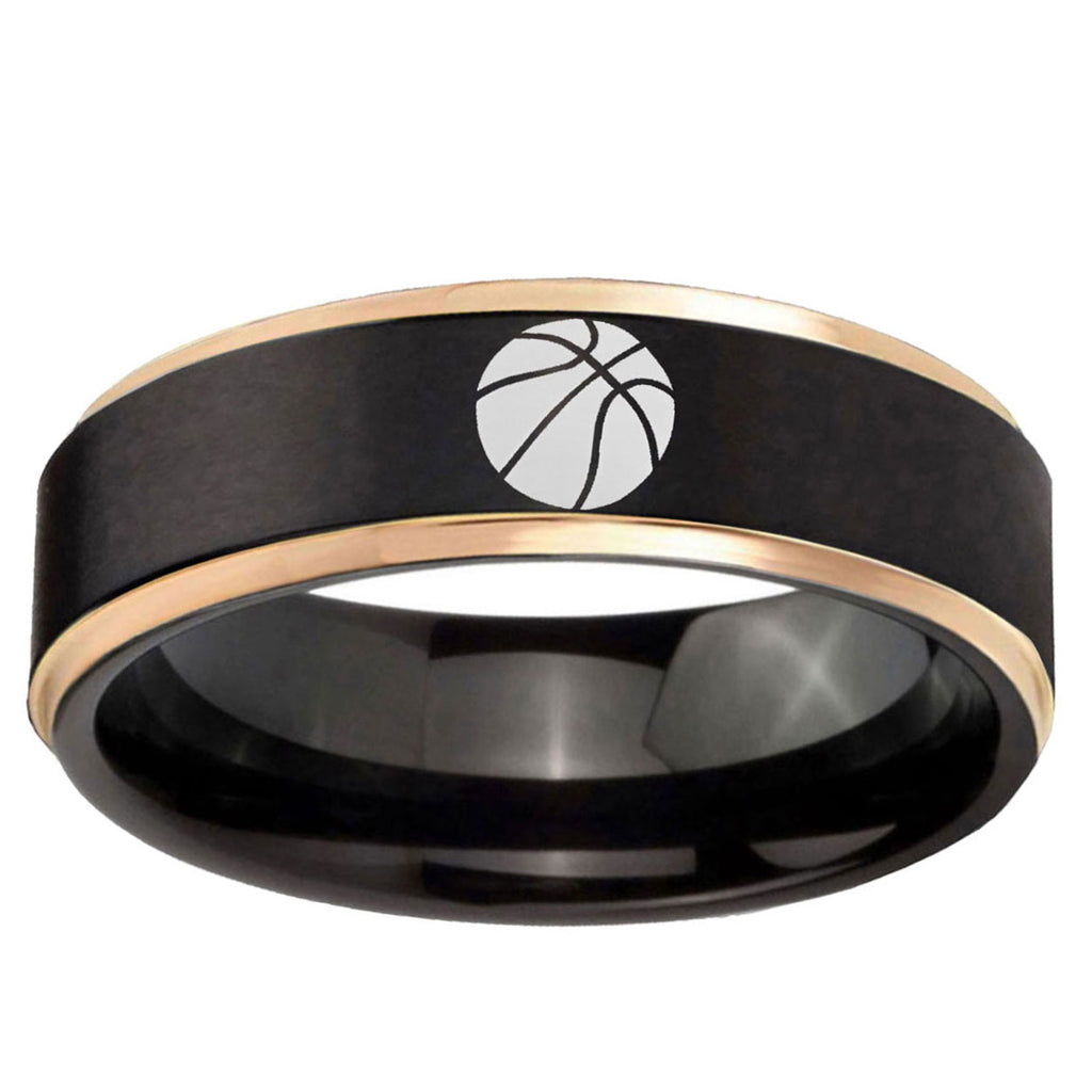 6mm Basketball Rose Gold Step Edge Black Tungsten Ring