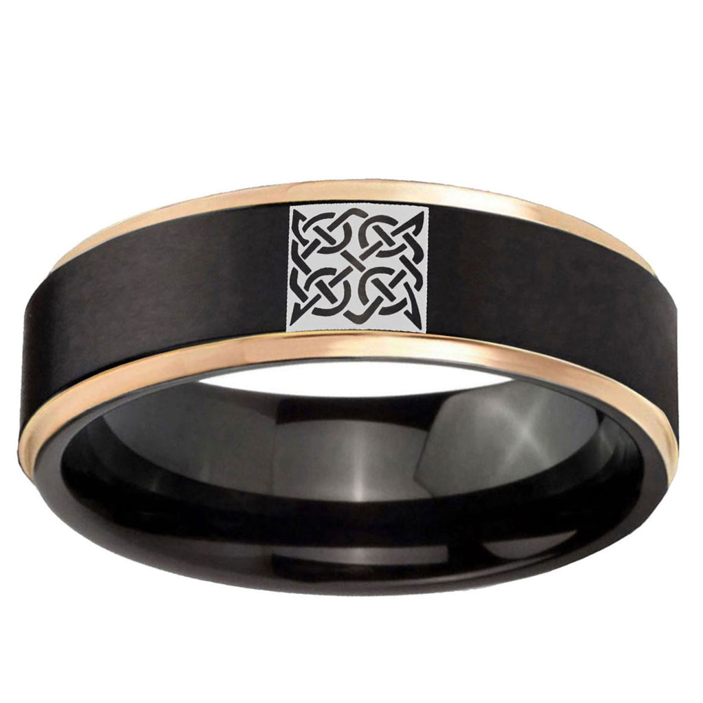 6mm Celtic Design Rose Gold Step Edge Black Tungsten Ring