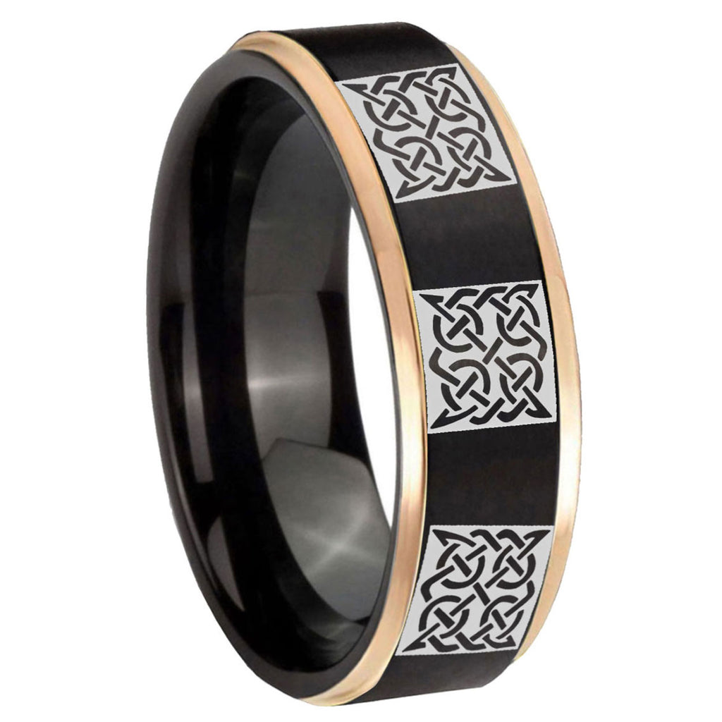 8mm Multiple Celtic Rose Gold Step Edge Black Tungsten Ring
