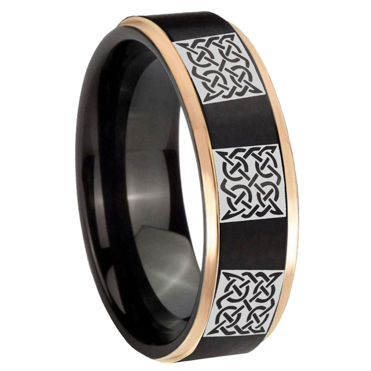 8mm Multiple Celtic Rose Gold Step Edge Black Tungsten Ring