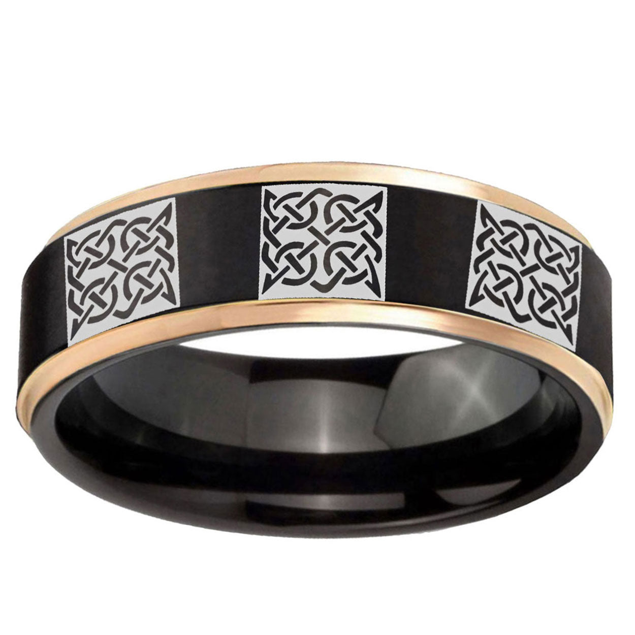 6mm Multiple Celtic Rose Gold Step Edge Black Tungsten Ring