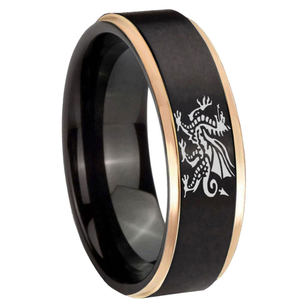 8mm Dragon Rose Gold Step Edge Black Tungsten Ring for Men