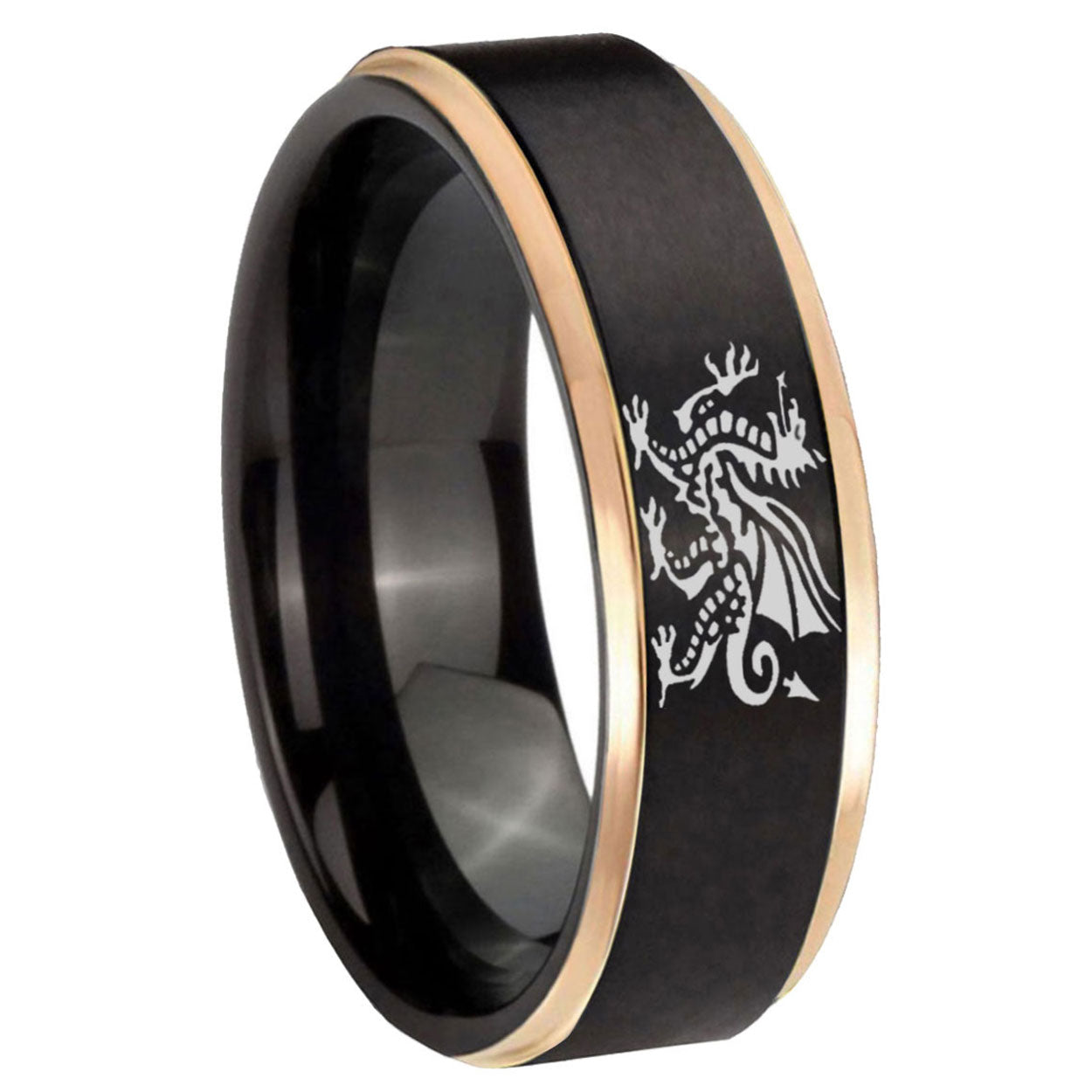 8mm Dragon Rose Gold Step Edge Black Tungsten Ring for Men