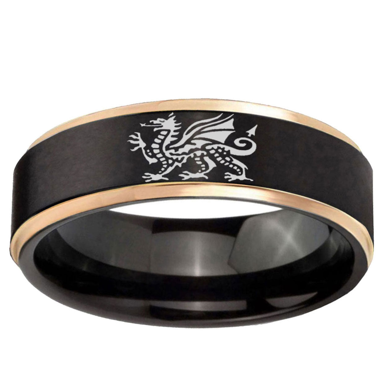 6mm Dragon Rose Gold Step Edge Black Tungsten Ring for Men