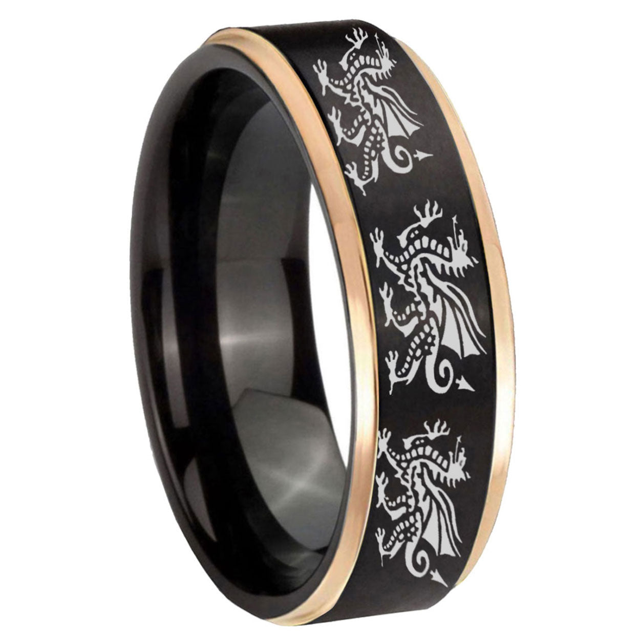 8mm Multiple Dragon Rose Gold Step Edge Black Tungsten Ring