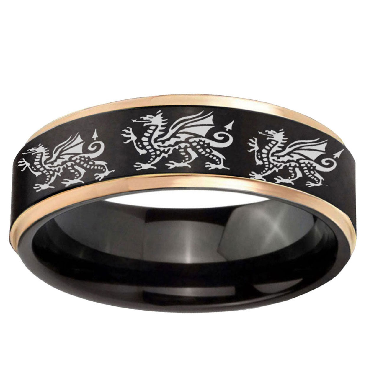 6mm Multiple Dragon Rose Gold Step Edge Black Tungsten Ring