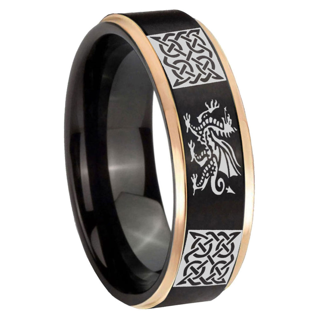 8mm Multiple Dragon Celtic Rose Gold Step Edge Black Tungsten Ring