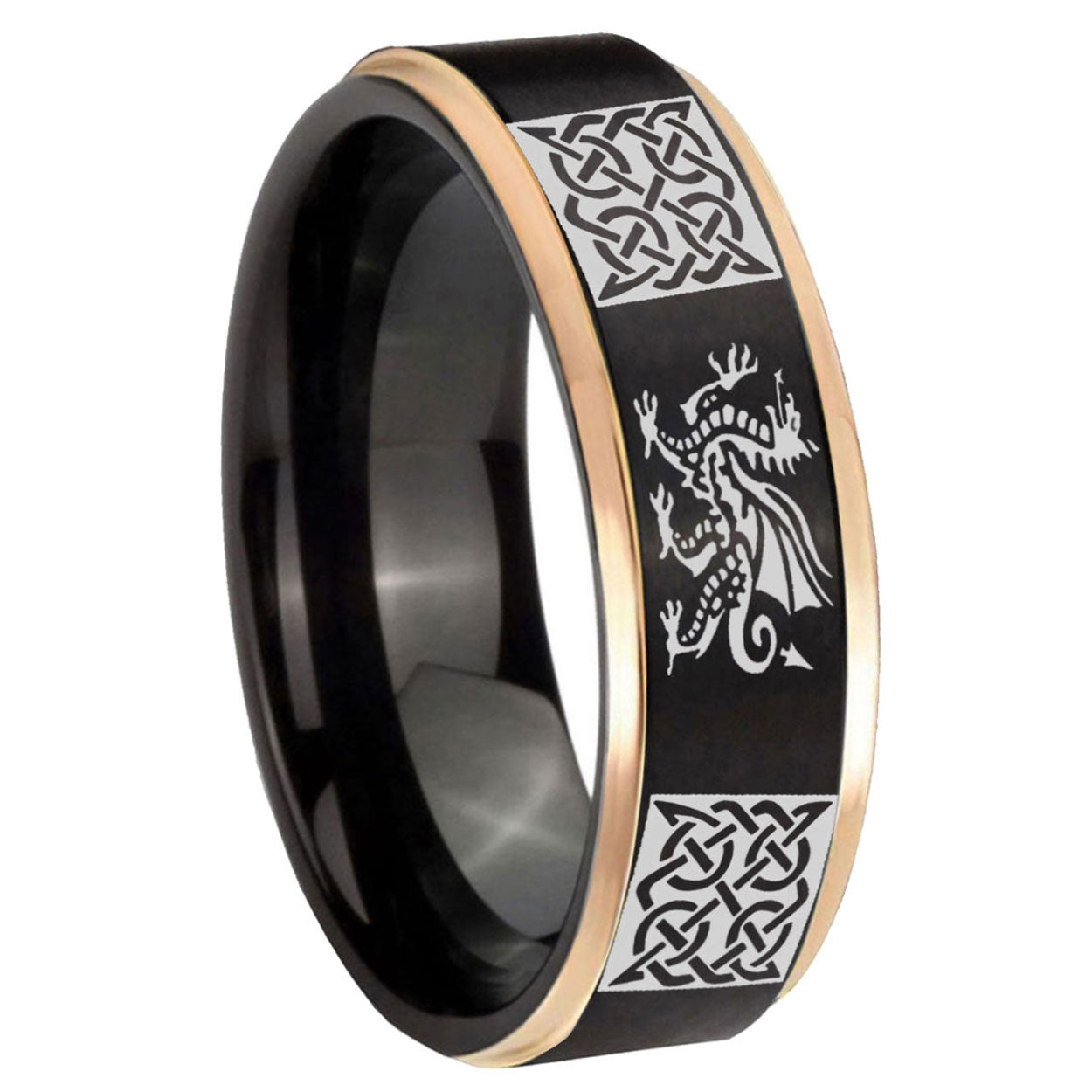 8mm Multiple Dragon Celtic Rose Gold Step Edge Black Tungsten Ring