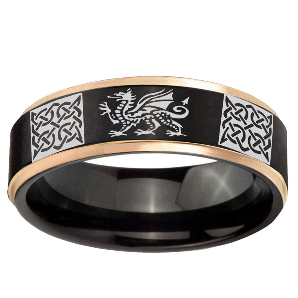 6mm Multiple Dragon Celtic Rose Gold Step Edge Black Tungsten Ring