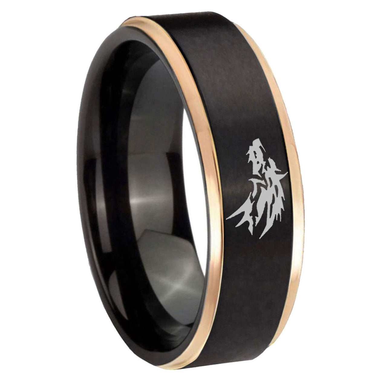 8mm Wolf Rose Gold Step Edge Black Tungsten Engagement Band