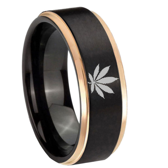 8mm-Marijuana-Leaf-Black-Rose-Gold-Step-Edges-Tungsten-Carbide-Mens-Wedding-Ring