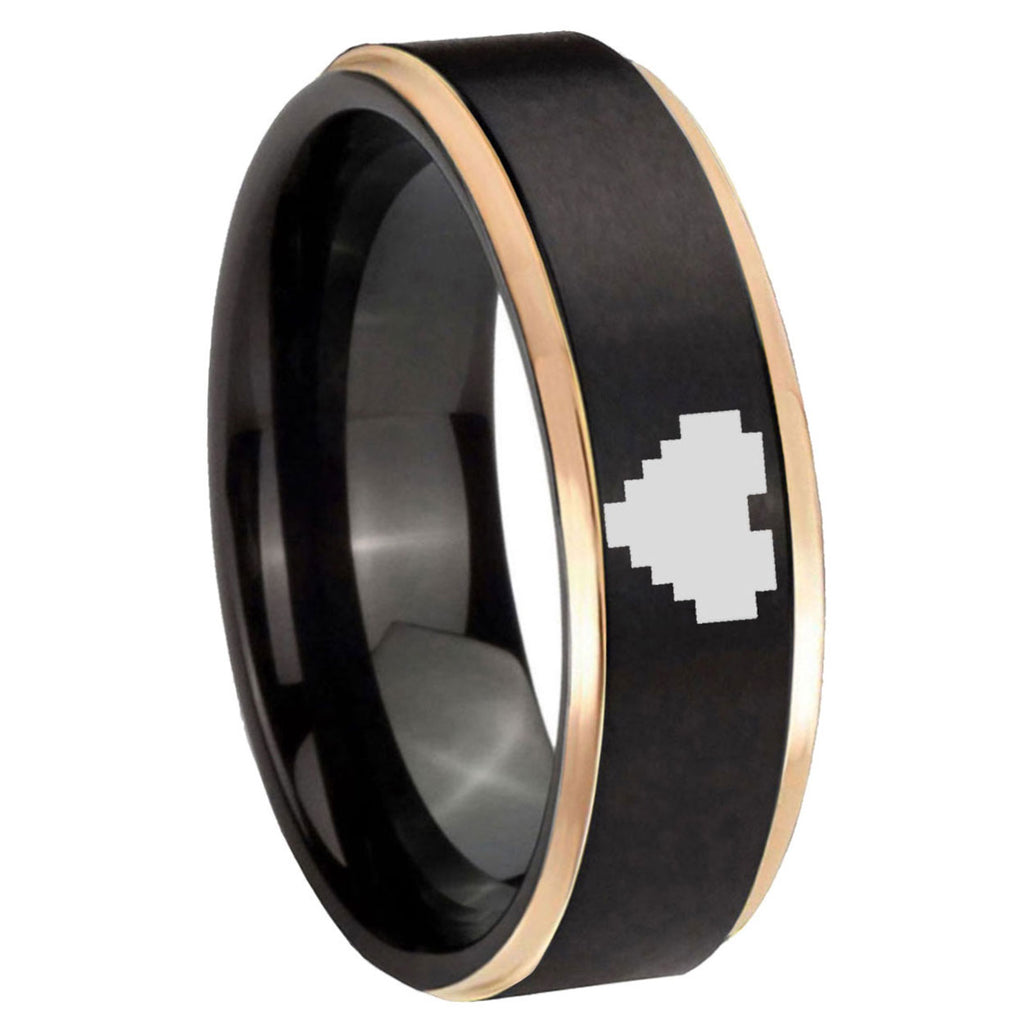 8mm Rose Gold Step Edge Black Zelda Heart Tungsten Ring