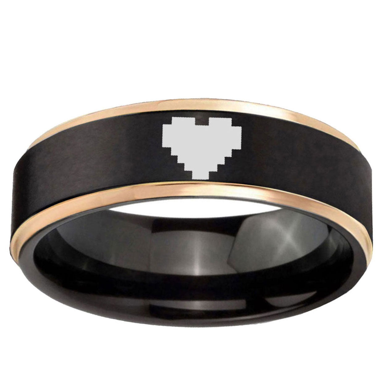6mm Rose Gold Step Edge Black Zelda Heart Tungsten Ring