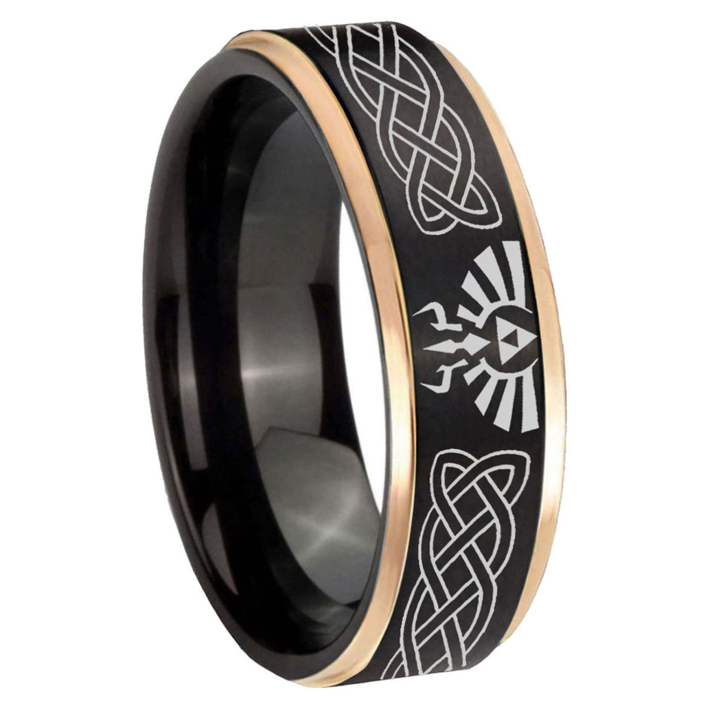 8mm Celtic Zelda Rose Gold Step Edge Black Tungsten Ring