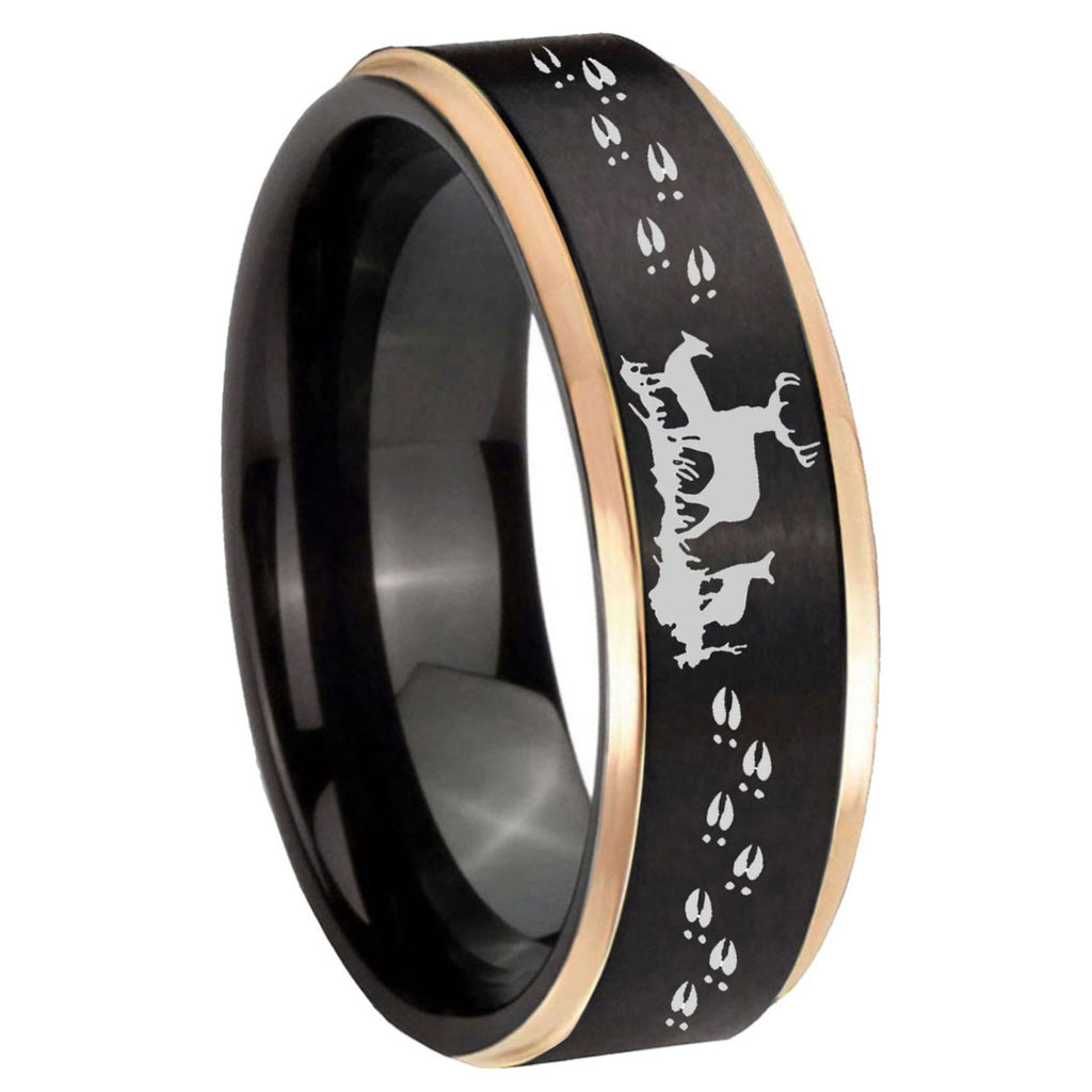 8mm Deer Hunting Rose Gold Step Edge Black Tungsten Ring