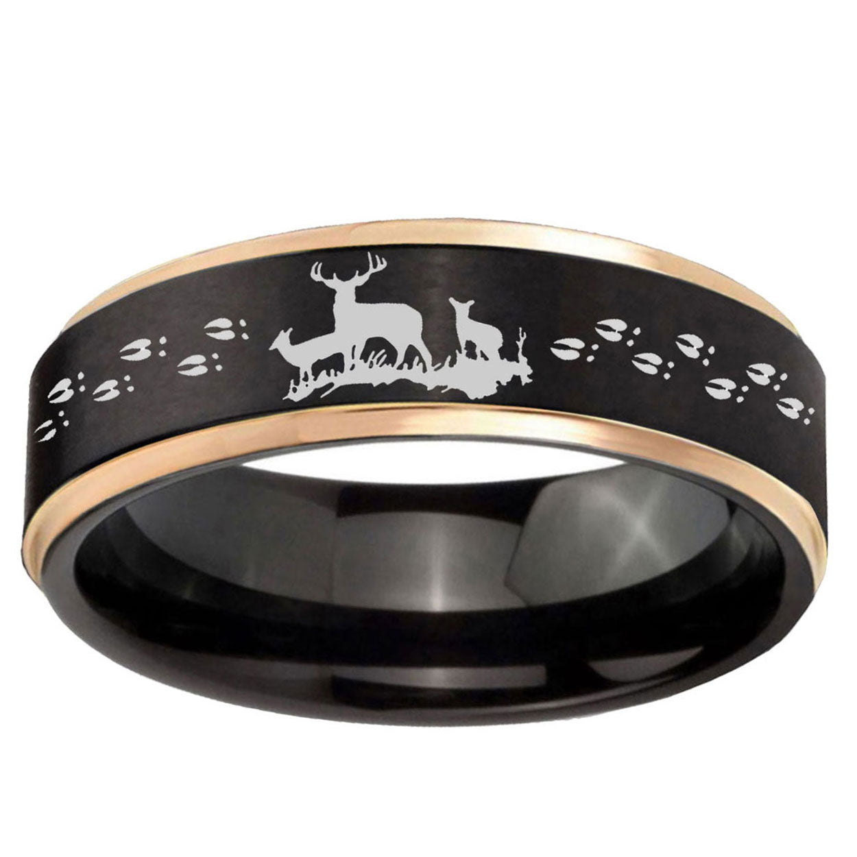 6mm Deer Hunting Rose Gold Step Edge Black Tungsten Ring