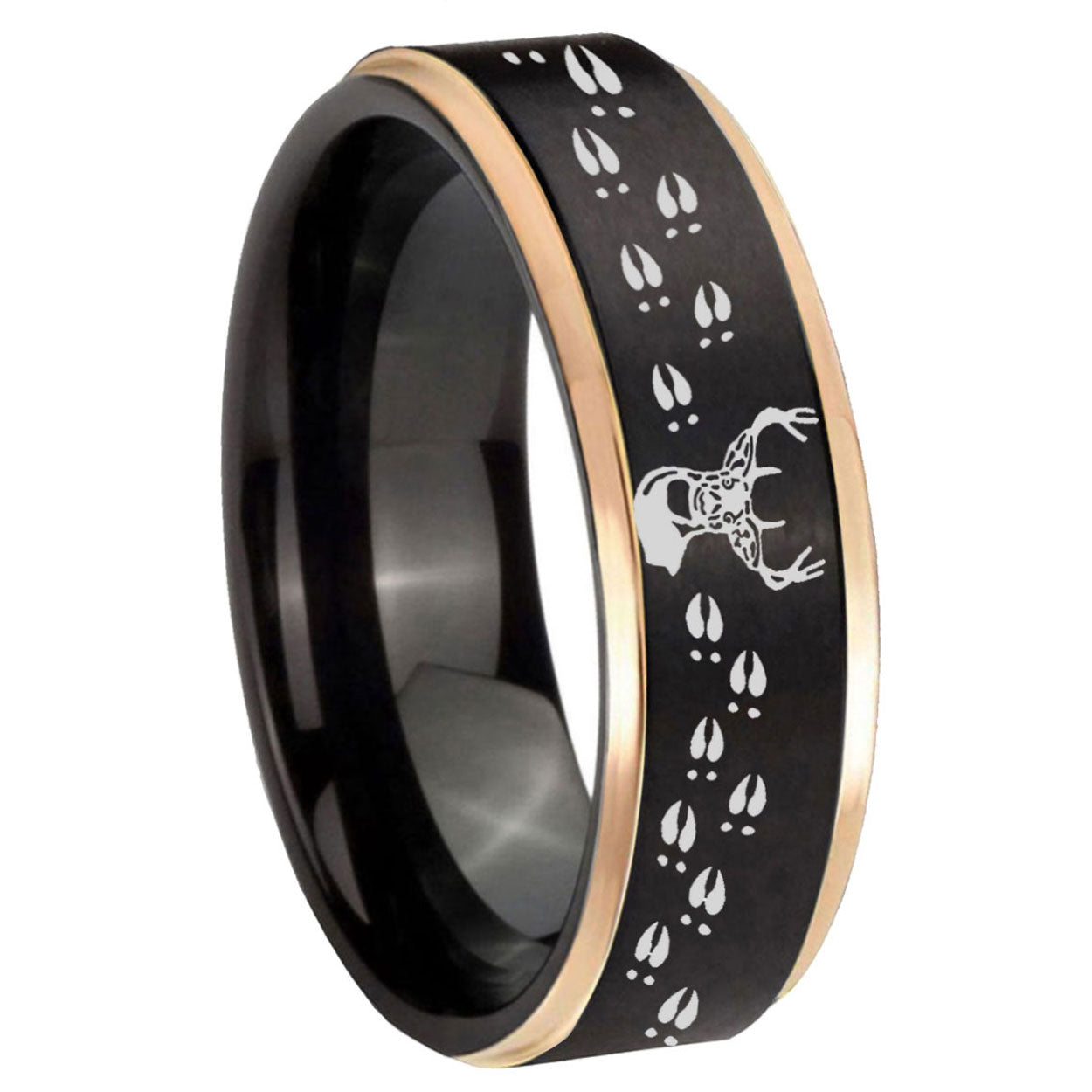 8mm Deer Antler Rose Gold Step Edge Black Tungsten Men Bands