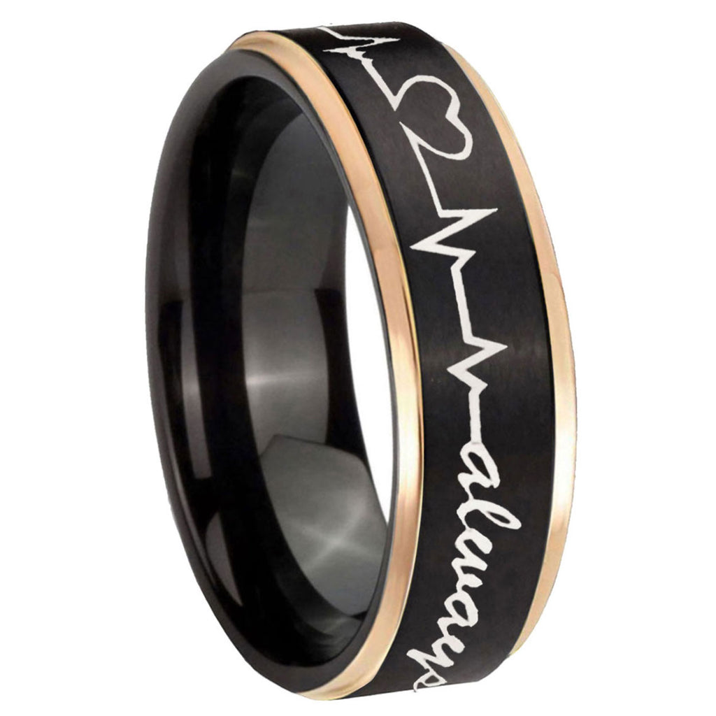 8mm Heart Beat forever Heart always Rose Gold Step Edge Black Tungsten Band