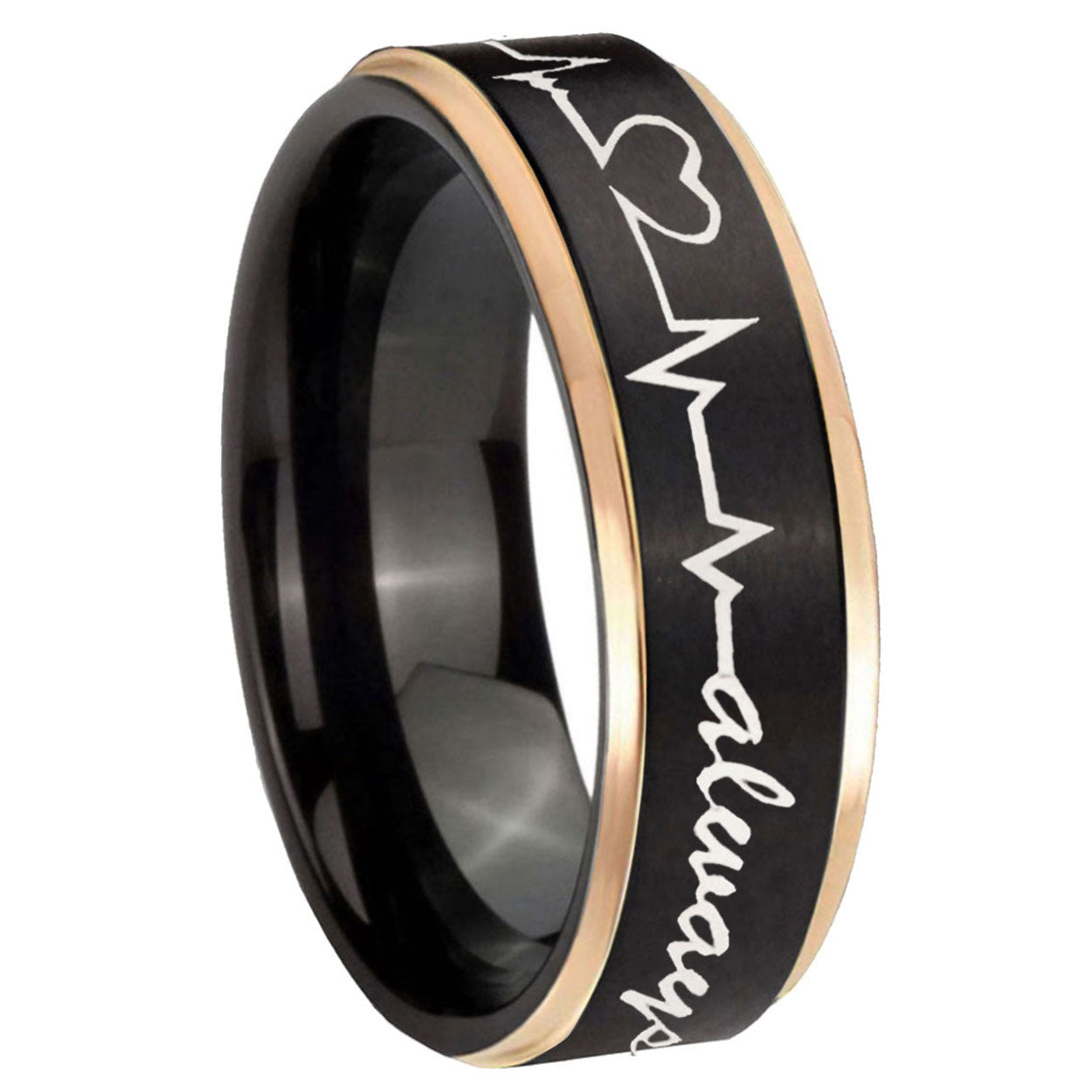 8mm Heart Beat forever Heart always Rose Gold Step Edge Black Tungsten Band