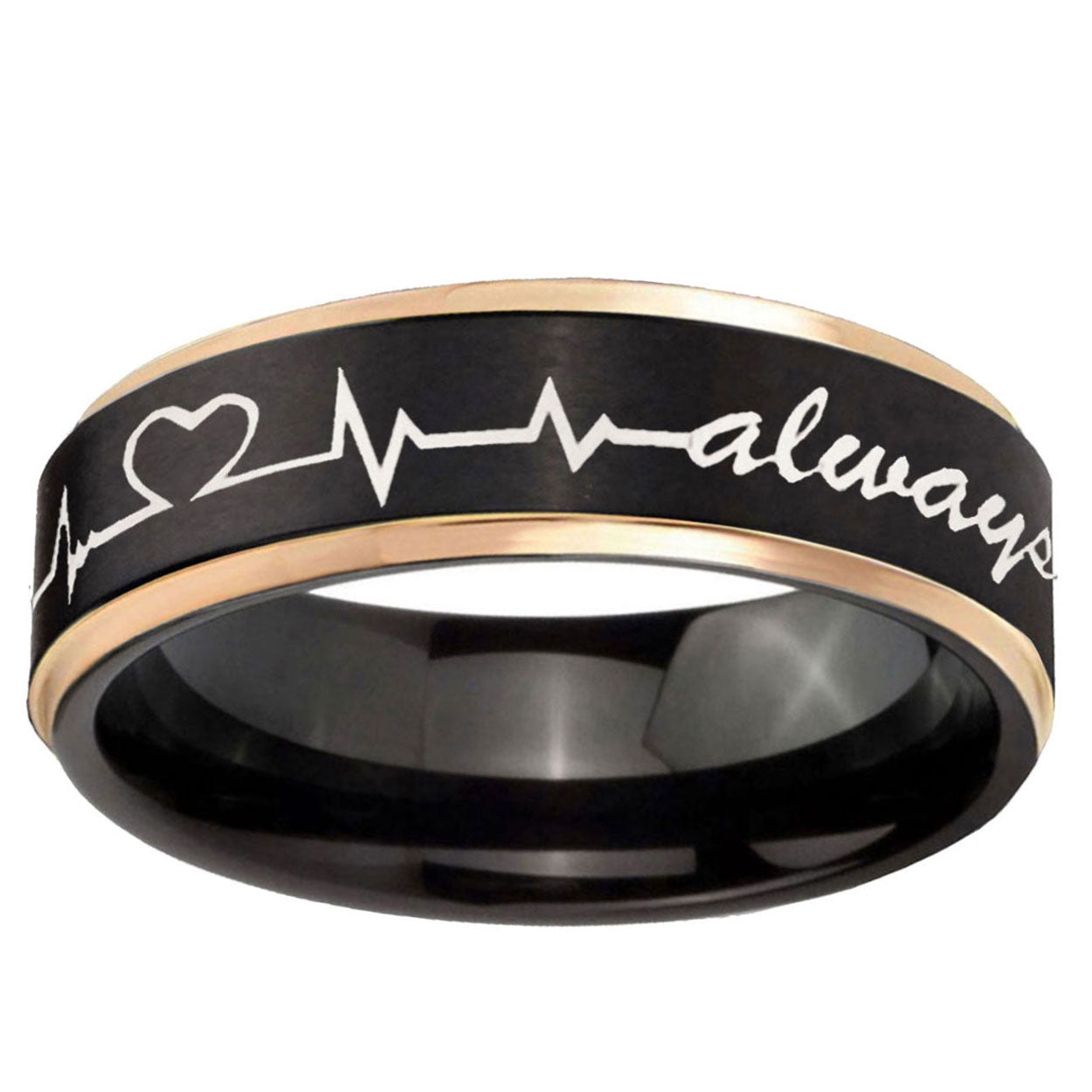 6mm Heart Beat forever Heart always Rose Gold Step Edge Black Tungsten Band