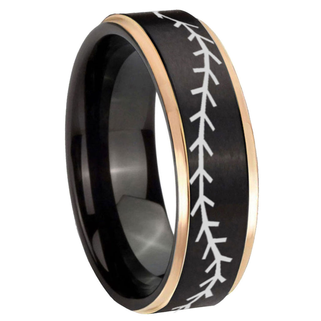 8mm Baseball Stitch Rose Gold Step Edge Black Tungsten Ring
