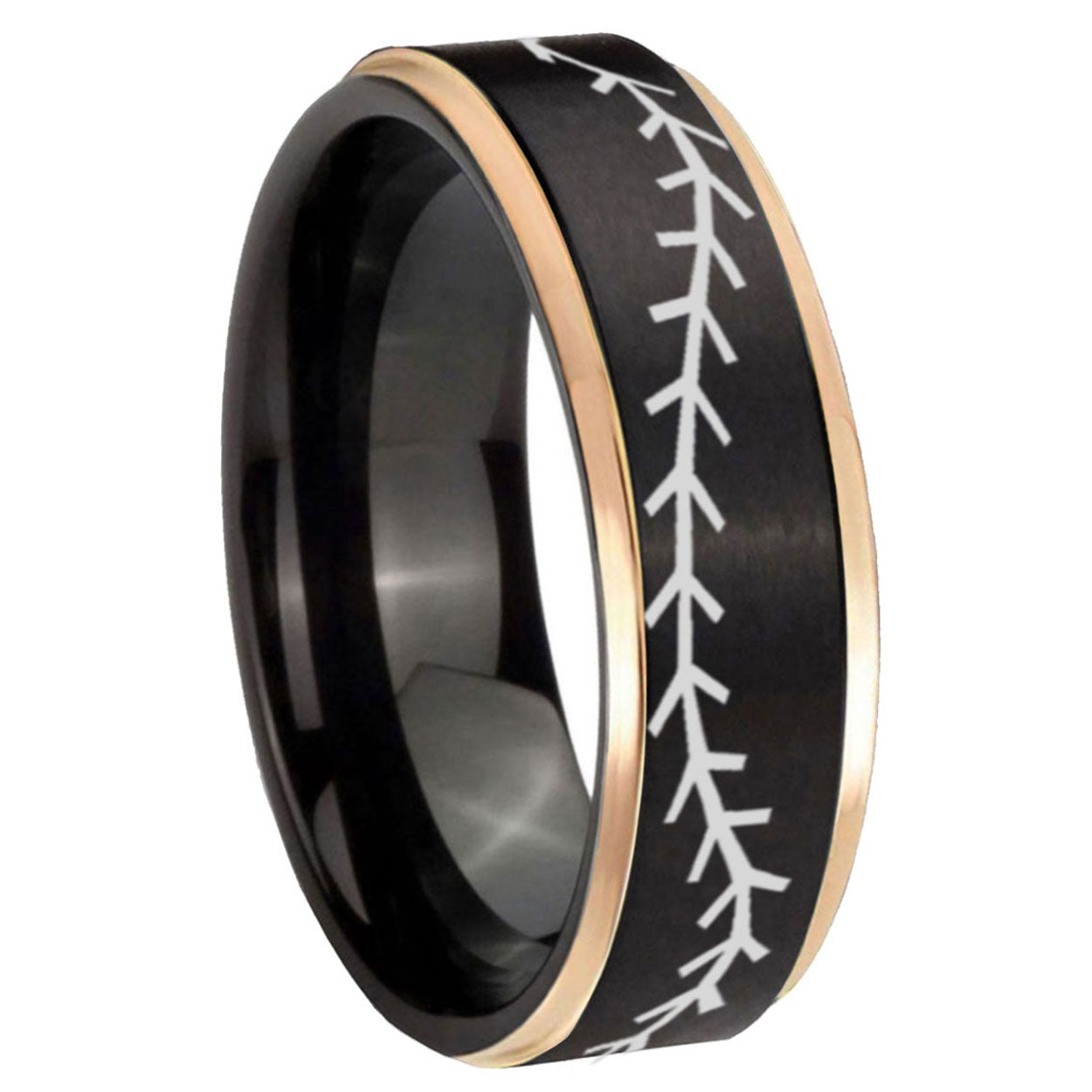 8mm Baseball Stitch Rose Gold Step Edge Black Tungsten Ring