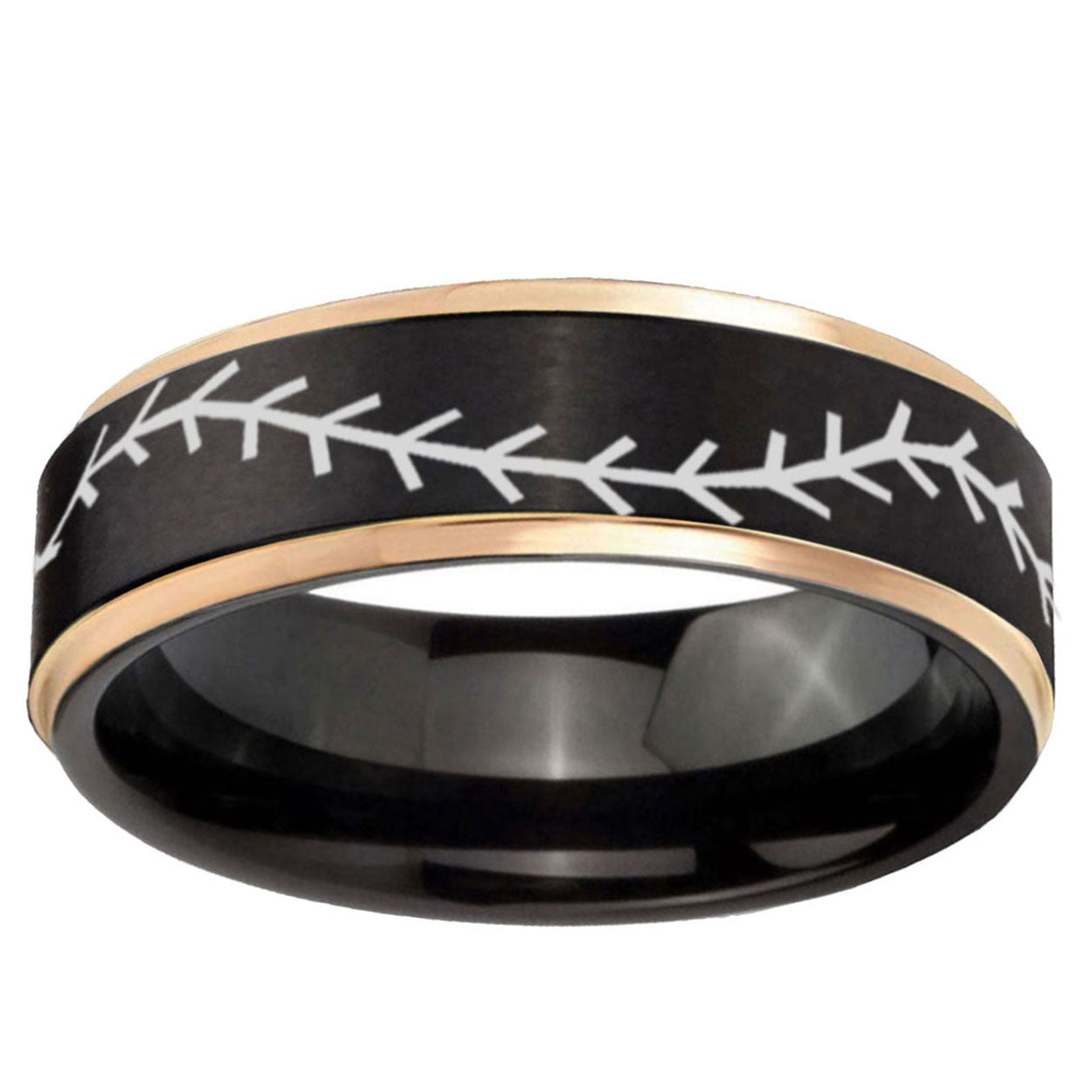 6mm Baseball Stitch Rose Gold Step Edge Black Tungsten Ring