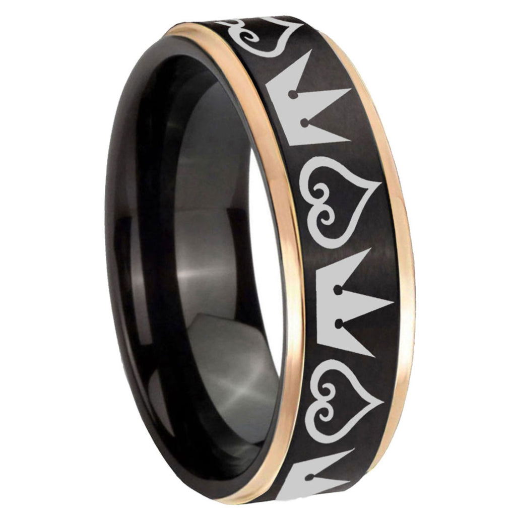 8mm Hearts Crowns Rose Gold Step Edge Black Tungsten Ring