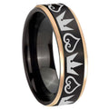 8mm Hearts Crowns Rose Gold Step Edge Black Tungsten Ring