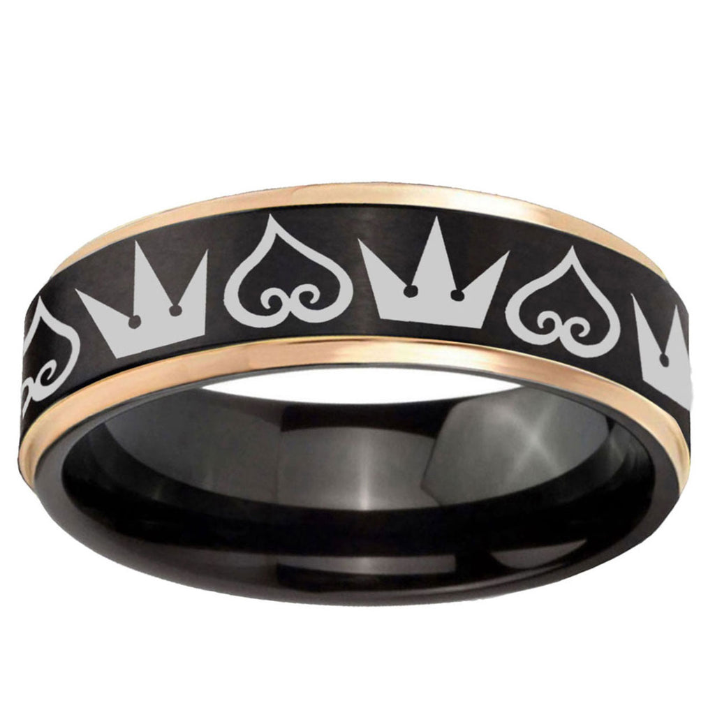 6mm Hearts Crowns Rose Gold Step Edge Black Tungsten Ring