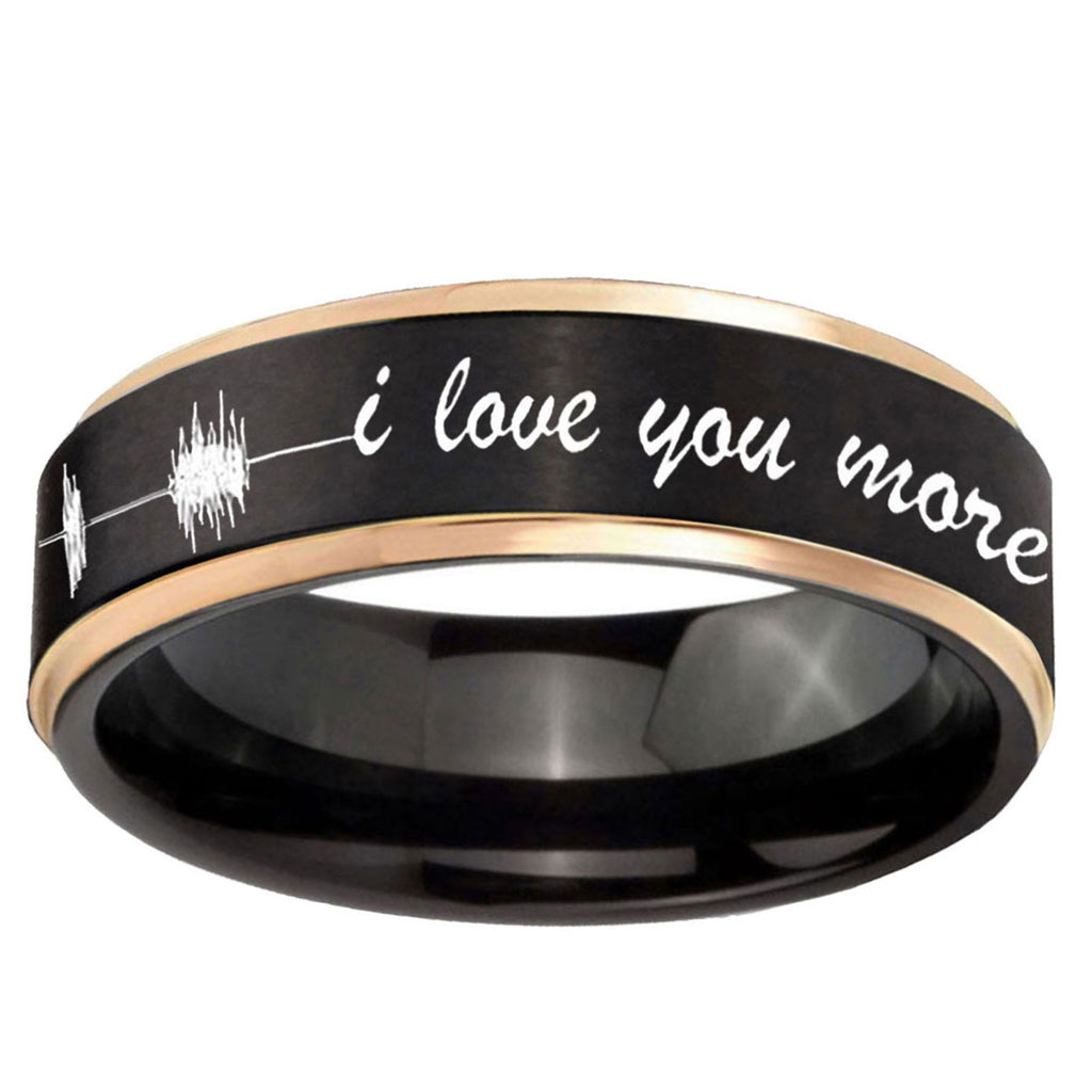 6mm Sound Wave I love you more Rose Gold Step Edge Black Tungsten Ring