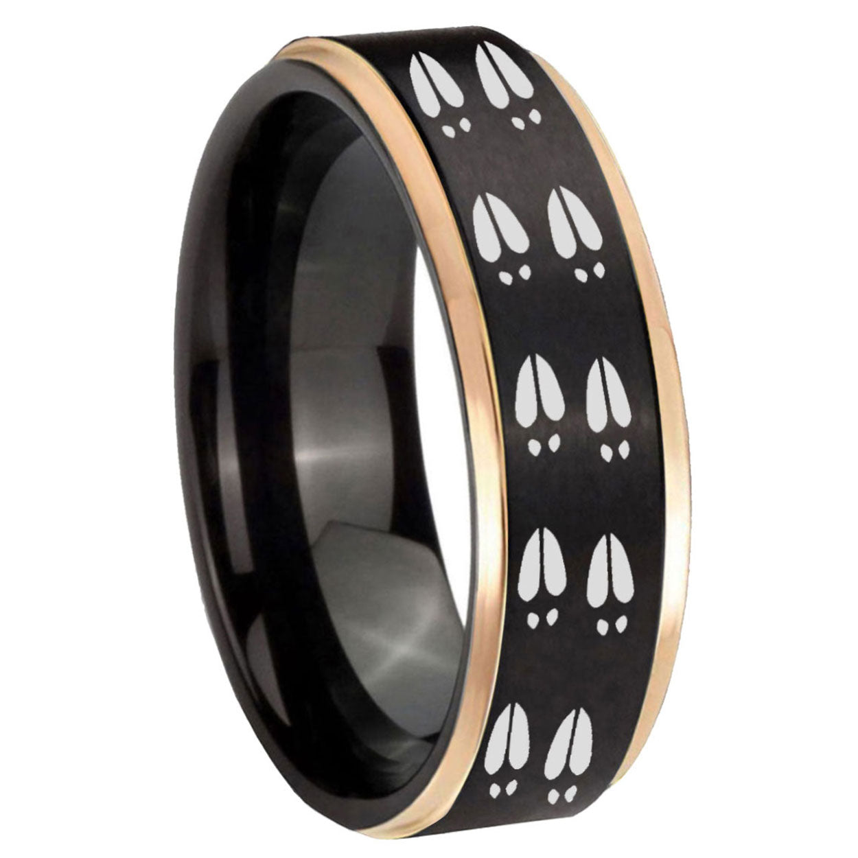 8mm Deer Tracks Rose Gold Step Edge Black Tungsten Men Bands