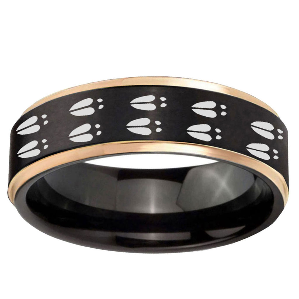 6mm Deer Tracks Rose Gold Step Edge Black Tungsten Men Bands