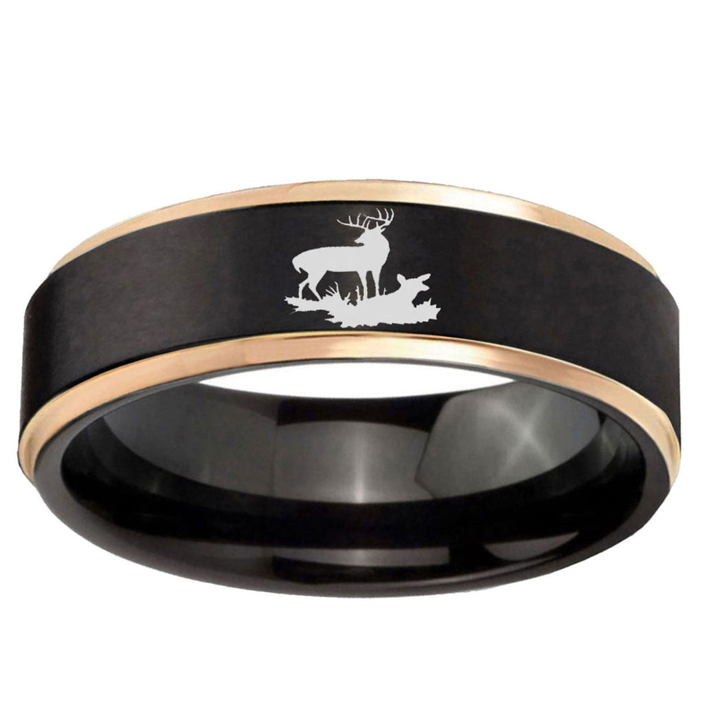6mm Deer Hunting Rose Gold Step Edge Black Tungsten Ring
