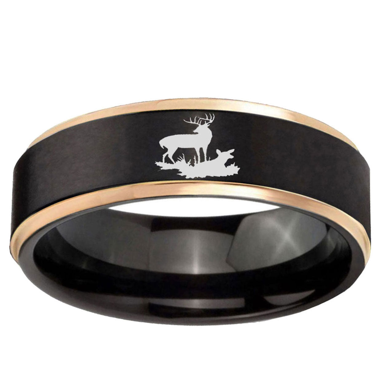 6mm Deer Hunting Rose Gold Step Edge Black Tungsten Ring