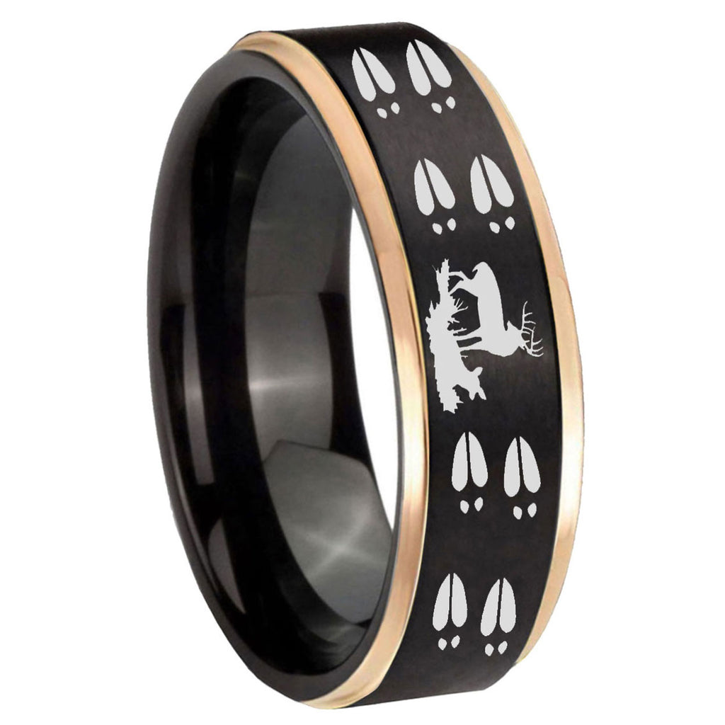 8mm Deer Hunting Tracks Rose Gold Step Edge Black Tungsten Ring