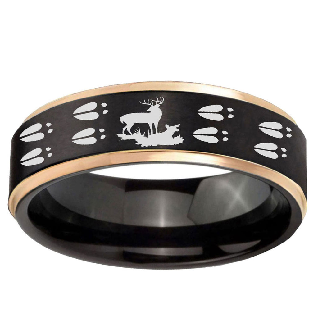 6mm Deer Hunting Tracks Rose Gold Step Edge Black Tungsten Ring