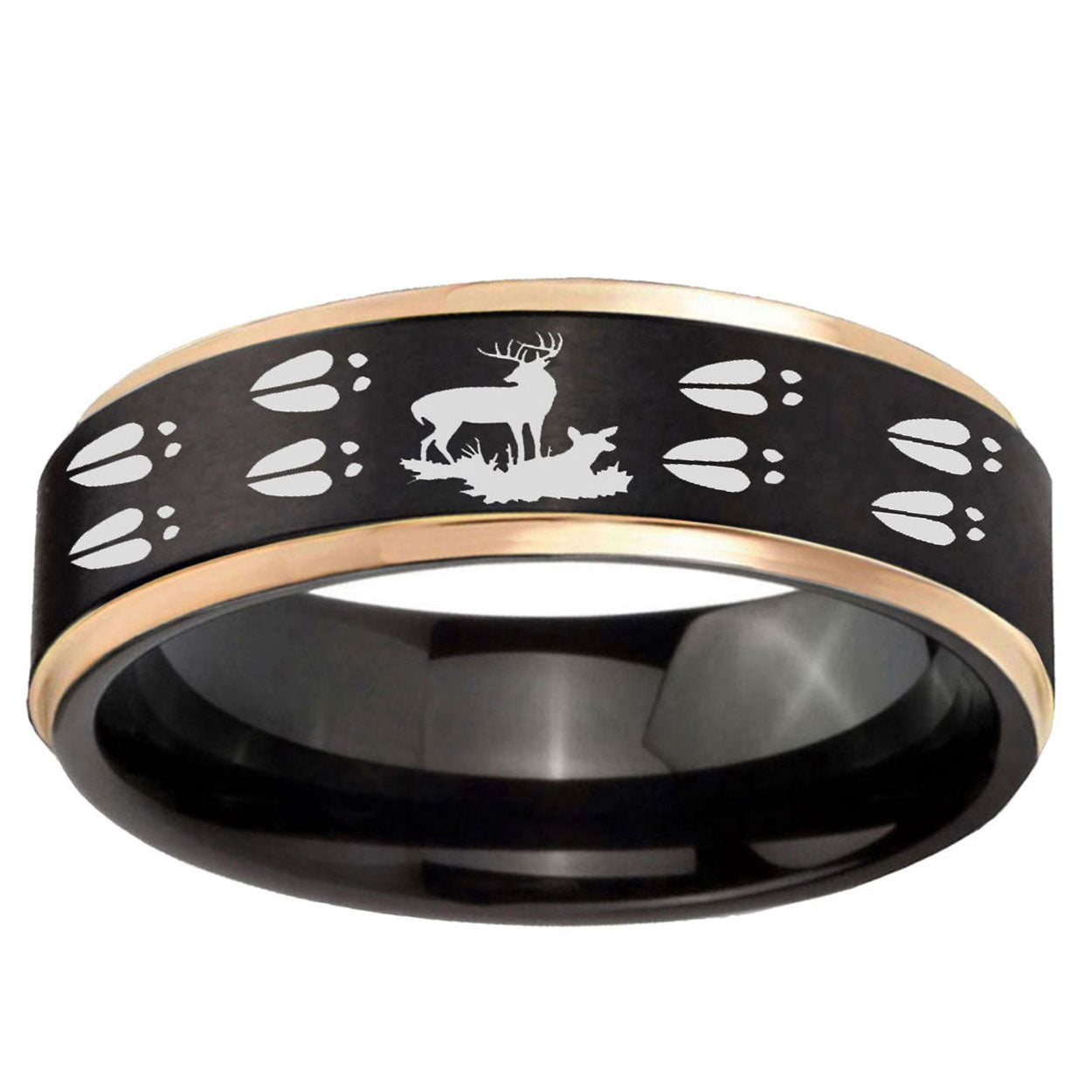 6mm Deer Hunting Tracks Rose Gold Step Edge Black Tungsten Ring