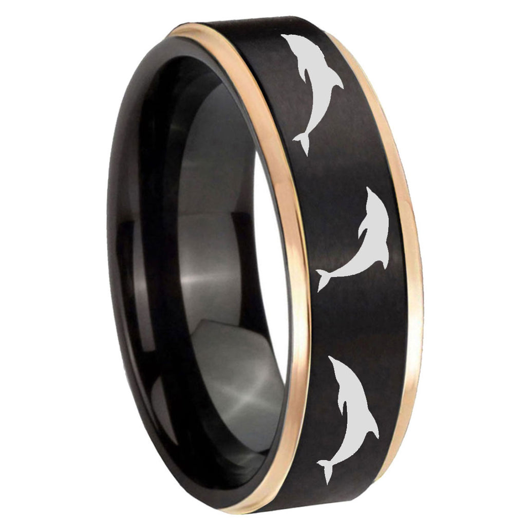 8mm Dolphins Rose Gold Step Edge Black Tungsten Custom Ring