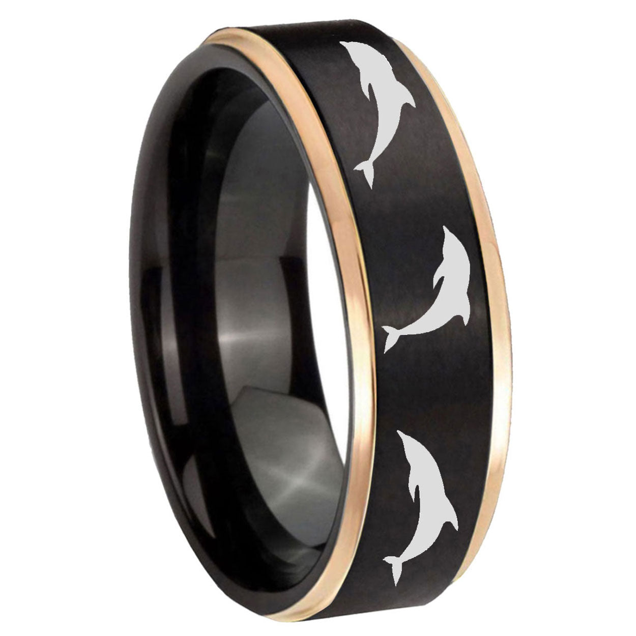 8mm Dolphins Rose Gold Step Edge Black Tungsten Custom Ring