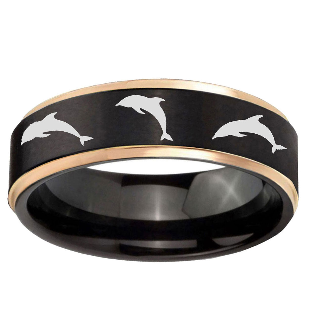 6mm Dolphins Rose Gold Step Edge Black Tungsten Custom Ring