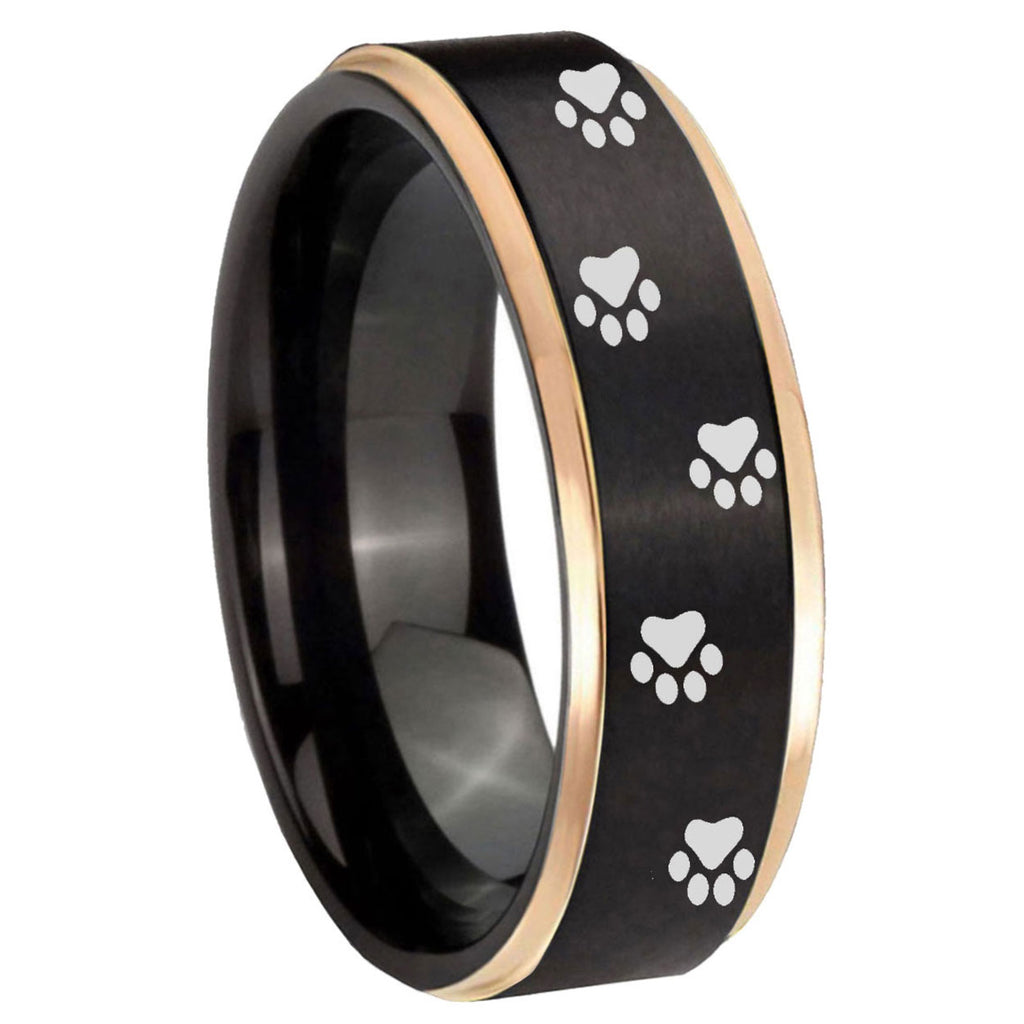 8mm Paw Print Rose Gold Step Edge Black Tungsten Ring