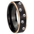 8mm Paw Print Rose Gold Step Edge Black Tungsten Ring